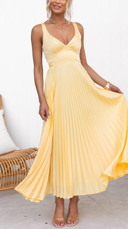 Gele Geplooide Maxi Jurk met V-Hals