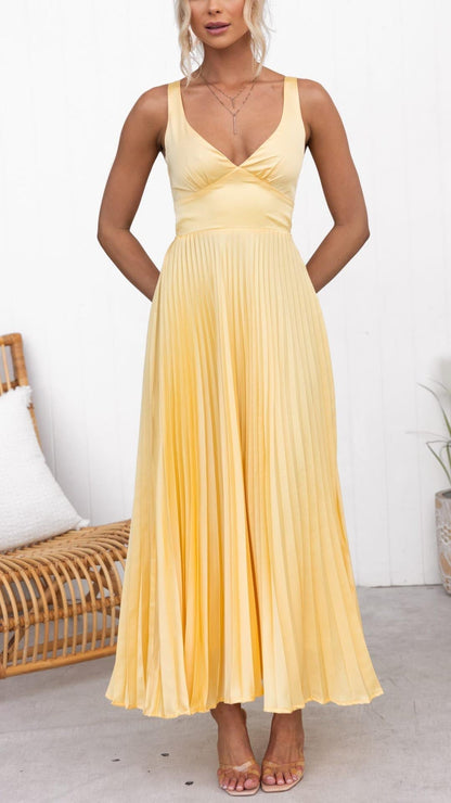 Gele Geplooide Maxi Jurk met V-Hals