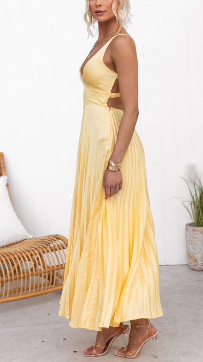 Gele Geplooide Maxi Jurk met V-Hals