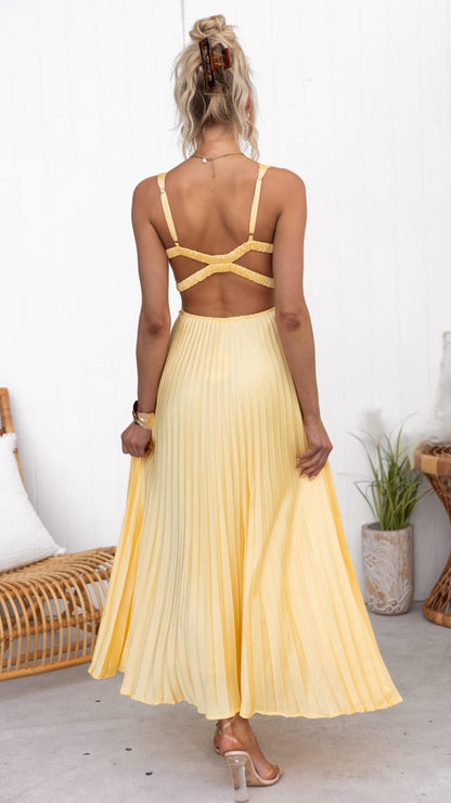 Gele Geplooide Maxi Jurk met V-Hals